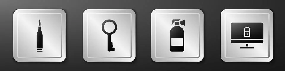 Set Bullet, Old key, Fire extinguisher and Lock on computer monitor icon. Silver Stock Illustration