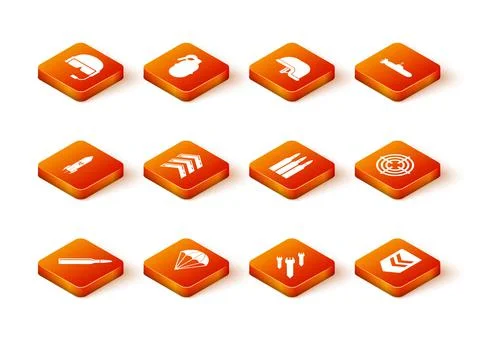 Set Bullet, Parachute, Biohazard rocket, Military rank, Rocket, Chevron and Stock Illustration