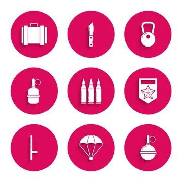 Set Bullet, Parachute, Hand grenade, Chevron, Police rubber baton, Kettlebell Stock Illustration