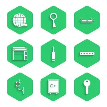 Set Bullet, Safe, Key, Password protection, Security camera, Website template 스톡 일러스트