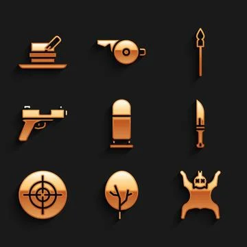 Set Bullet, Tree, Bear skin, Hunter knife, Target sport, Pistol gun, Medieval Stock Illustration