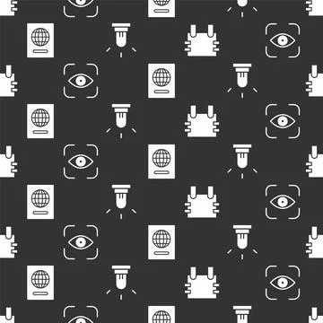 Set Bulletproof vest, Eye scan, Passport and Motion sensor on seamless pattern Stock Illustration