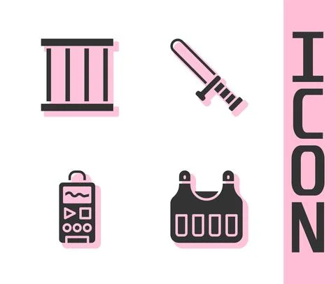 Set Bulletproof vest, Prison window, Dictaphone and Police rubber baton icon Stock Illustration