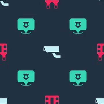 Set Bulletproof vest, Security camera and Police badge on seamless pattern 스톡 일러스트