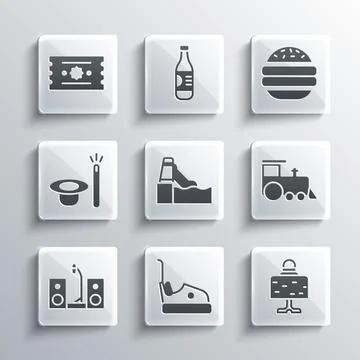 Set Bumper car, Magic ball on table, Toy train, Water slide, Home stereo with Stock Illustration