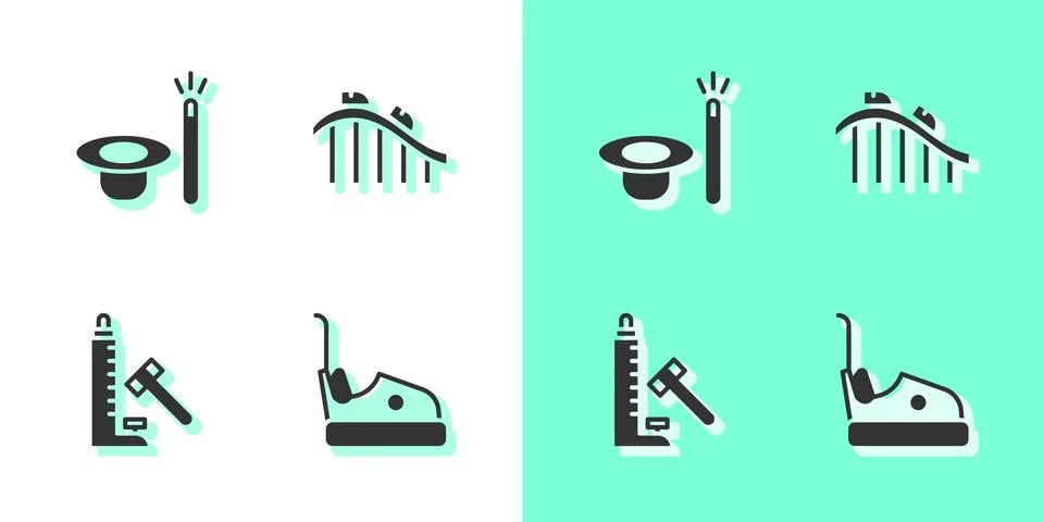 Set Bumper car, Magic hat and wand, Striker attraction with hammer and Roller Stock Illustration