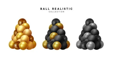 Set Bunch of balls 3d render. Christmas decorative tree, shape from balls and Stock Illustration