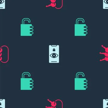 Set Bunch of keys, Eye scan and Safe combination lock on seamless pattern Stock Illustration