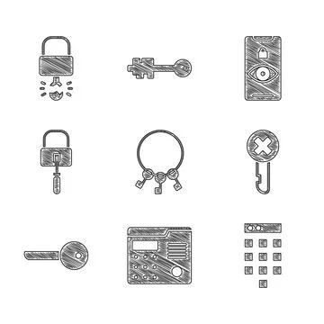 Set Bunch of keys, House intercom system, Password protection, Wrong, Key, Lock Stock Illustration