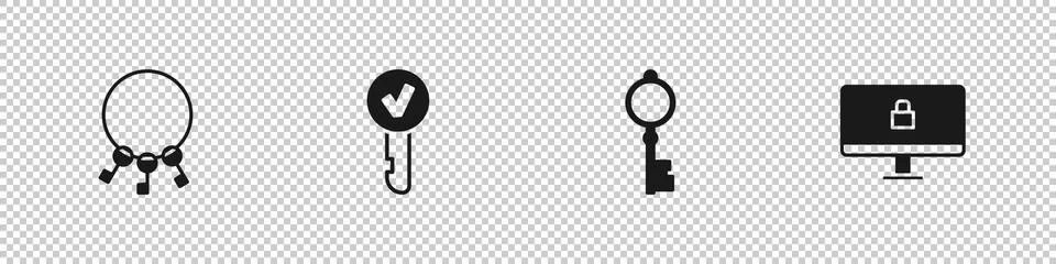 Set Bunch of keys, Key, Old and Lock on computer monitor icon. Vector Stock Illustration