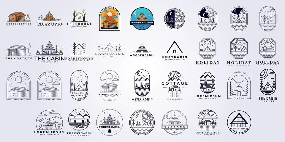Set bundle cabin cottage logo vector illustration design, line art style Stock Illustration