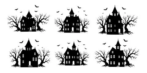 Set of Bundle Spooky Haunted House silhouette Vector Isolated Design Stock Illustration