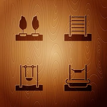 Set Bungee, Forest, Swing and Swedish wall on wooden background. Vector Ilustración de archivo