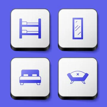 Set Bunk bed, Big full length mirror, and Sofa icon. White square button. Vector Stock Illustration