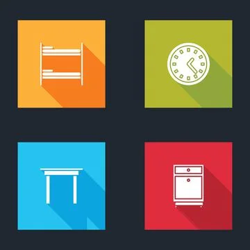 Set Bunk bed, Clock, Wooden table and Furniture nightstand icon. Vector Ilustración de archivo