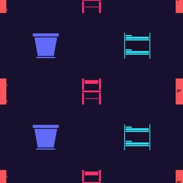 Set Bunk bed, Flower pot, Chair and Closed door on seamless pattern. Vector Illustration