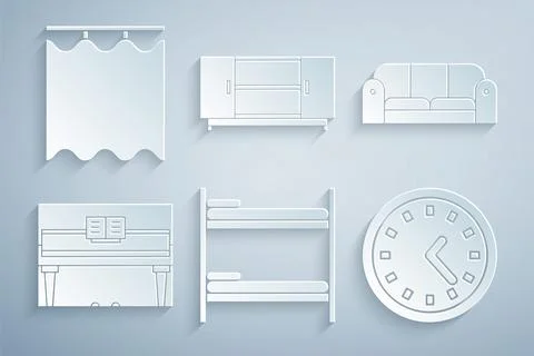 Set Bunk bed, Sofa, Grand piano, Clock, TV table stand and Curtains icon. Vector Stock Illustration
