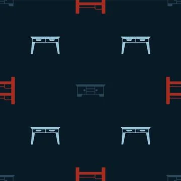 Set Bunk bed, TV table stand and Office desk on seamless pattern. Vector Stock Illustration