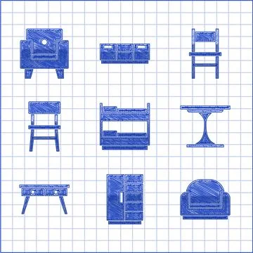 Set Bunk bed, Wardrobe, Armchair, Round table, Office desk, Chair,  and  ic.. Stock Illustration