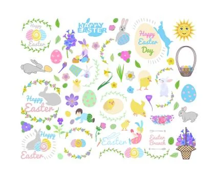 Set with bunny, little yellow chickens in different poses, easter eggs, boy a Illustrazione stock
