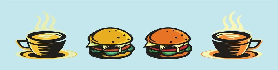 Set of burger and coffee cartoon icon design template with various models Stock Illustration
