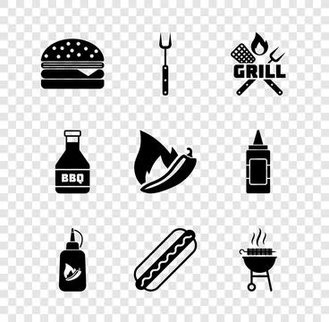 Set Burger, Barbecue fork, Crossed and spatula, Ketchup bottle, Hotdog sand.. Stock Illustration