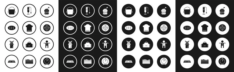 Set Burger, Chef hat, Bread loaf, Bakery bowl dough, Cracker biscuit, Blender Stock Illustration