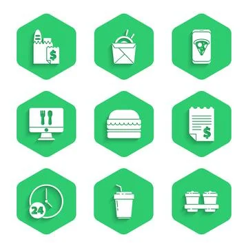 Set Burger, Coffee cup to go, Paper or financial check, Clock 24 hours, Online Illustrazione stock