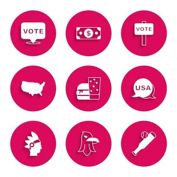 Set Burger, Eagle, Baseball bat with ball, USA Independence day, Native American Stock Illustration