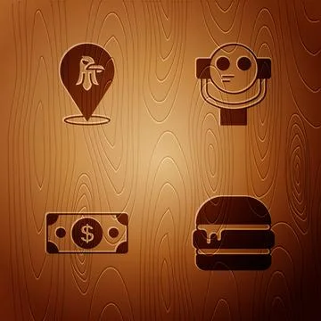 Set Burger, Eagle, Stacks paper money cash and Tourist binoculars on wooden Illustrazione stock