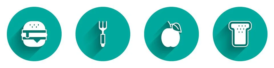 Set Burger, Fork, Plum fruit and Bread toast icon with long shadow. Vector 스톡 일러스트