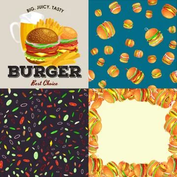 Set of burger grilled beef and fresh vegetables dressed with sauce bun for snack Stock Illustration