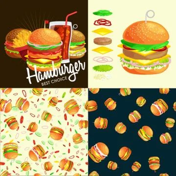 Set of burger grilled beef and fresh vegetables dressed with sauce bun snack Stock Illustration