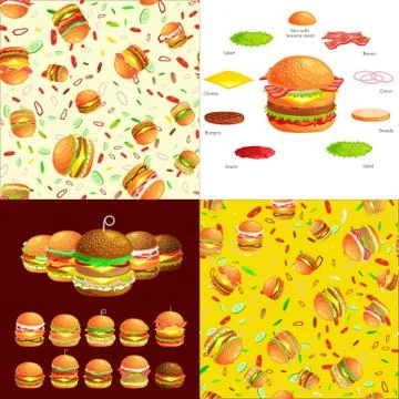 Set of burger grilled beef and fresh vegetables dressed with sauce bun snack Stock Illustration