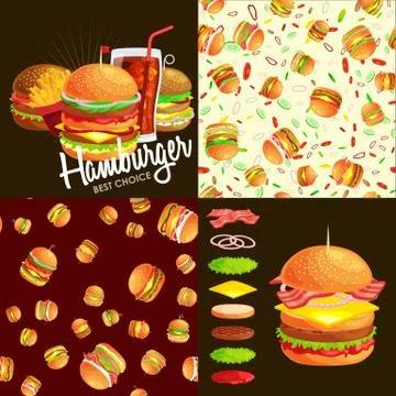 Set of burger grilled beef and fresh vegetables dressed with sauce bun for snack Stock Illustration