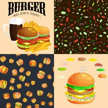 Set of burger grilled beef and fresh vegetables dressed with sauce bun for snack Stock Illustration