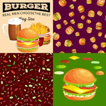 Set of burger grilled beef and fresh vegetables dressed with sauce bun for snack Stock Illustration