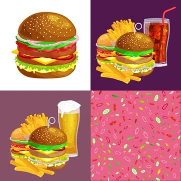 Set of burger grilled beef and fresh vegetables dressed with sauce bun snack Stock Illustration