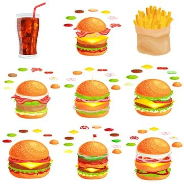 Set of burger grilled beef vegetables dressed with sauce bun snack, hamburger Illustrazione stock