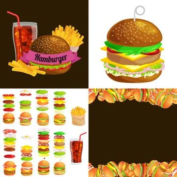 Set of burger grilled beef vegetables dressed with sauce bun snack, hamburger Stock Illustration