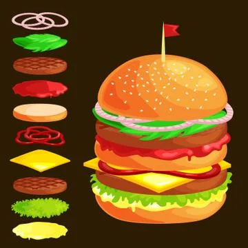 Set of burger grilled beef vegetables dressed with sauce bun snack, hamburger Stock Illustration
