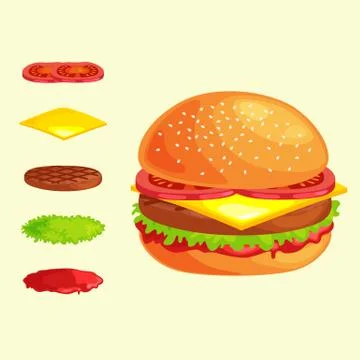Set of burger grilled beef vegetables dressed with sauce bun snack, hamburger Stock Illustration