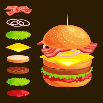 Set of burger grilled beef vegetables dressed with sauce bun snack, hamburger Stock Illustration