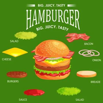 Set of burger grilled beef vegetables dressed with sauce bun snack, hamburger Stock Illustration
