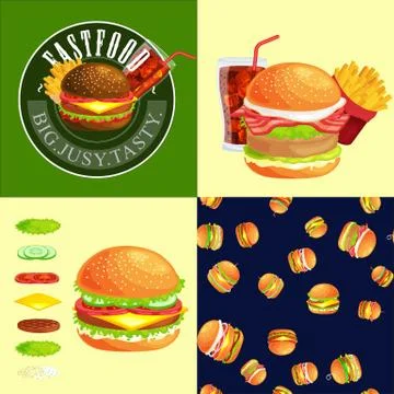 Set of burger grilled beef vegetables dressed with sauce bun snack, hamburger Illustrazione stock