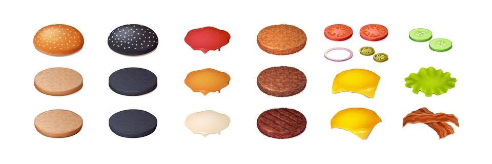 Set of burger ingredients, hamburger constructor Stock Illustration