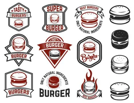 Set of burger labels. Design elements for logo, emblem, menu, si Stock Illustration