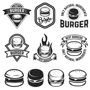 Set of burger labels. Design elements for logo, emblem, menu, si Stock Illustration