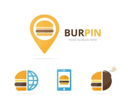 Set of burger logo combination. Hamburger and gps locator symbol or icon. Unique Stock Illustration