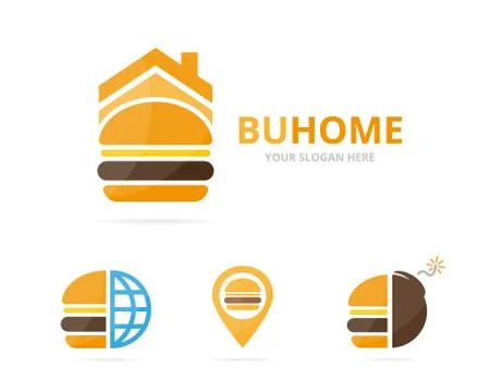 Set of burger logo combination. Hamburger and house symbol or icon. Unique Stock Illustration